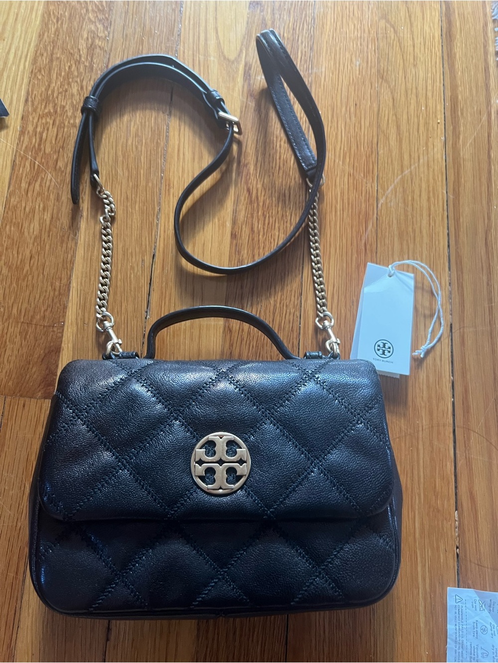 Tory Burch Black Quilted Leather Top-Handle Crossbody with Gold Logo